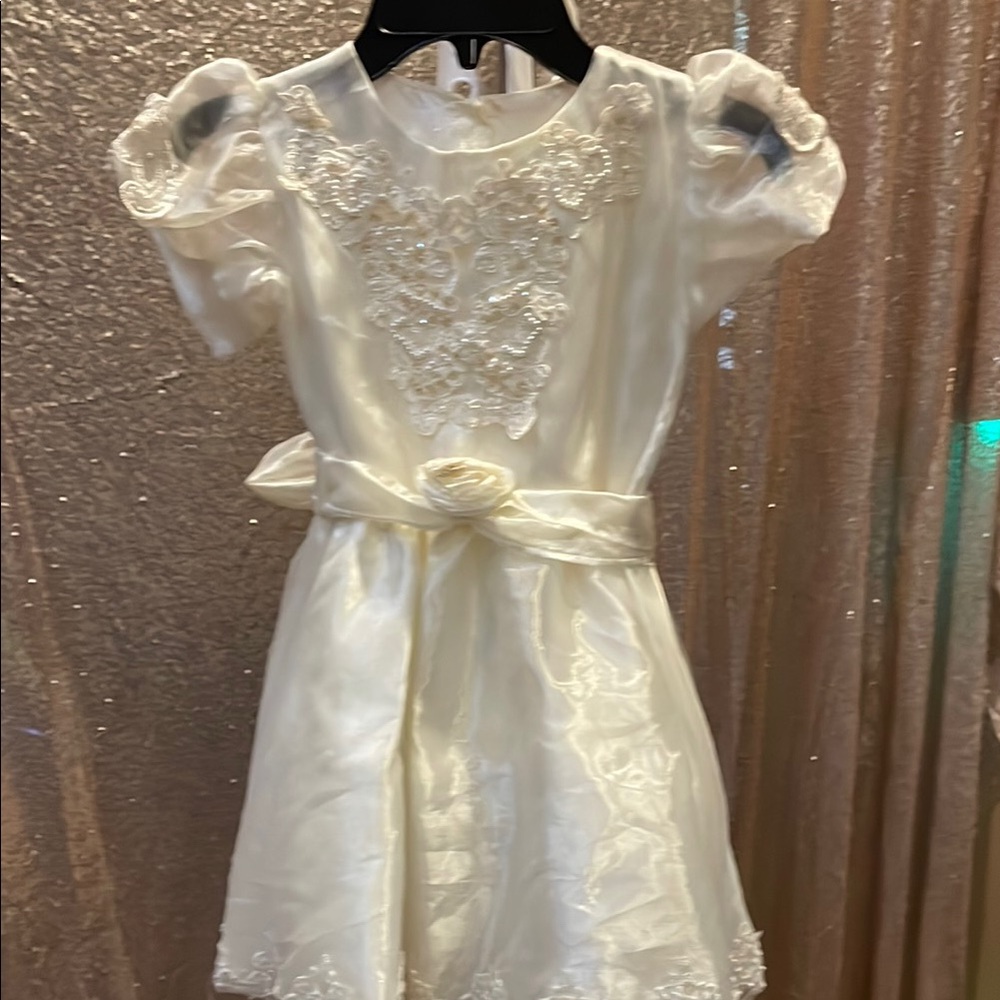Darling Ivory Satin Flower Girl Dress with Lace Appliqué